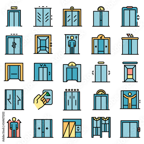 Elevator icons set. Outline set of elevator vector icons thin line color flat on white