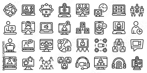 Online meeting icons set. Outline set of online meeting vector icons for web design isolated on white background