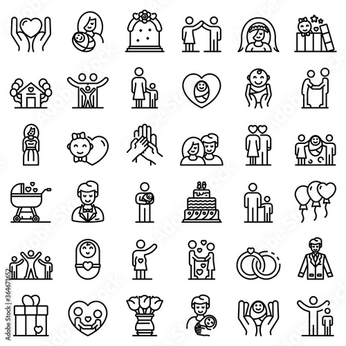 Family moments icons set. Outline set of family moments vector icons for web design isolated on white background