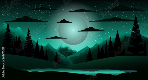 Vector landscape. Starry sky. Moon. Gloomy illustration. Suitable for halloween. Banner.