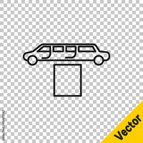 Black line Luxury limousine car and carpet icon isolated on transparent background. For world premiere celebrities and guests poster. Vector Illustration.