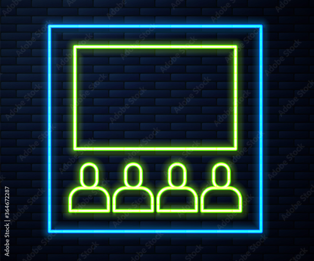 Glowing neon line Cinema auditorium with screen icon isolated on brick wall background. Vector Illustration. Glowing neon line Cinema auditorium with screen icon isolated on brick wall background. Vector Illustration.