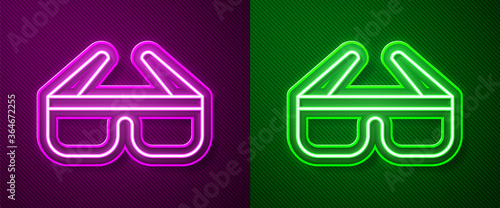 Glowing neon line 3D cinema glasses icon isolated on purple and green background. Vector Illustration.