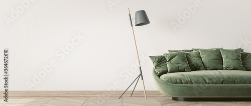Φωτογραφία Modern living room design, green sofa and wooden floor lamp on empty white wall,
