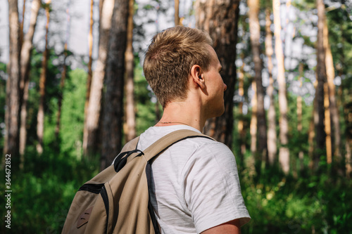 A back view of a male tourist with a backpack Hiking through a pine forest, a banner for a natural camp site and the concept of healthy tourism