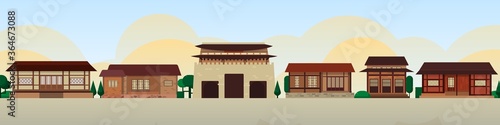 Korean Skyline background template. Traditional buildings and landmarks vector group. Flat style banner. 
