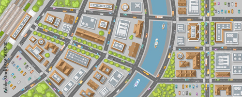 Panorama of the city. View from above. Streets, houses, buildings, roads, crossroads, station, trees, river, cars. (top view) 