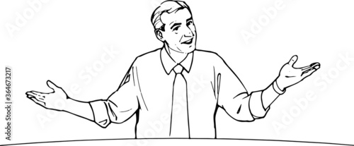 handsome presenter with raised arms