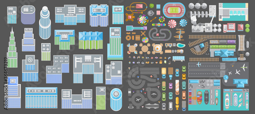 Vector set of landscape elements of the city. Skyscrapers, amusement park, transportation. (Top view) Houses, buildings, attractions, railroad, road, port, airport, cars. (View from above)