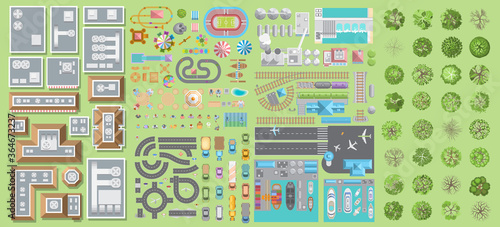 Set. Trees, city, amusement park, transportation. (Top view) Trees, houses, buildings, attractions, railroad, road, port, airport. (View from above)