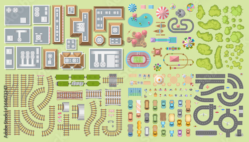 Set. City. (Top view) Railroad, houses, buildings, attractions, road, cars, people, trees. (View from above)