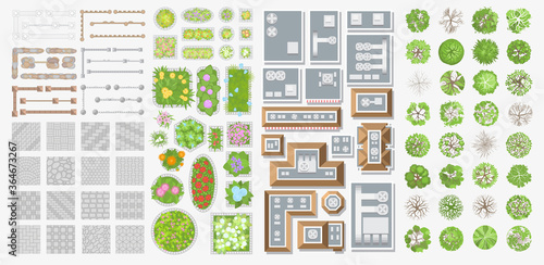 Set of landscape elements. Houses, architectural elements, plants. Top view. Trees, flower beds, roofs, pavement, fences. View from above. 