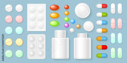 Vector set. Colored tablets and pills. Top view. Packing with tablets.