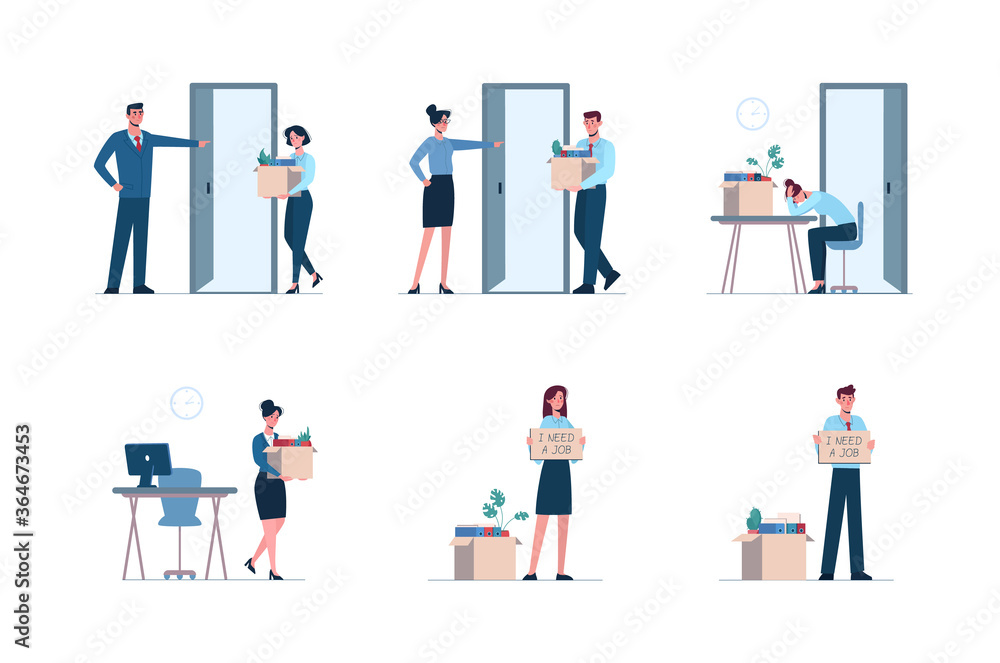 Fired men and women leaves the office with a box in his hands. Job loss due to crisis, covid-19, economic decline. Dismissed employee crying, sad. Vector illustration Unemployment, isolated, flat Fired men and women leaves the office with a box in his hands. Job loss due to crisis, covid-19, economic decline. Dismissed employee crying, sad. Vector illustration Unemployment, isolated, flat