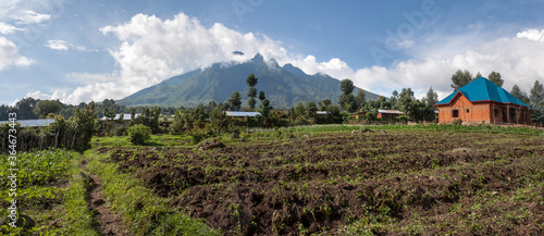 KINIGI, RWANDA : rural landscape in front of Mt Sabinyo volcano, home to highly threatened mountain gorilla's in Volcanoes National Park