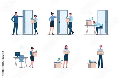 Fired men and women leaves the office with a box in his hands. Job loss due to crisis, covid-19, economic decline. Dismissed employee crying, sad. Vector illustration Unemployment, isolated, flat