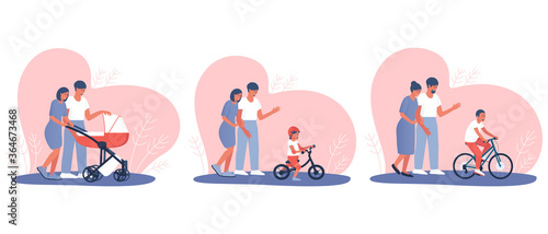 A set of happy parents are watching how their baby is growing. The kid rides in a stroller, on a balance bike and a bicycle.
Mom and dad are happy about the achievements of the child. Flat vector.