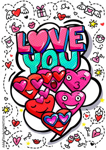 Concept of love. Love you word bubble. Message in pop art comic style with hand drawn hearts.