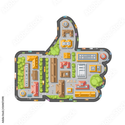 A city in the shape of like icons. Top view. Streets, houses, buildings, roads, crossroads,  trees, cars. (view from above) 