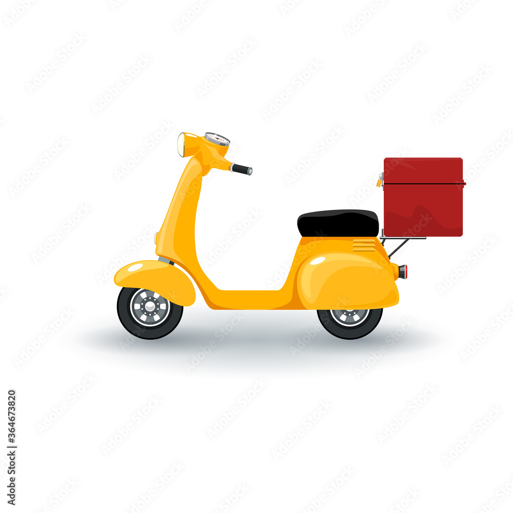 Orange vintage scooter with box for food delivery isolated on white background, online delivery service and stay home concept, vector illustration