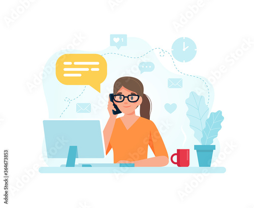 Secretary woman sitting at a desk responding to a call. Vector illustration in flat style