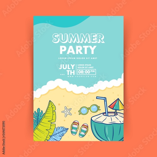 summer party poster design template with coconut, flip flop sunglasses vector