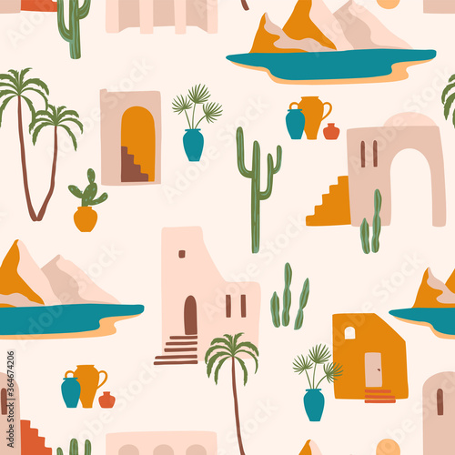 Seamless pattern with southern landscape. Mediterranean, North Africa