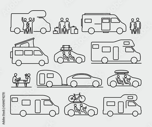Fotografiet Camping Travel Cars Vector Icons. Set of  Recreational Vehicles
