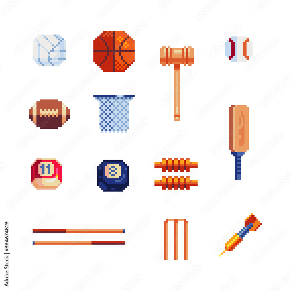 Sport tools, sports equipment pixel art icons set, basketball ball and  basket, rugby isolated vector illustration. Design for logo and app. Game  assets 8-bit. Stock Vector | Adobe Stock