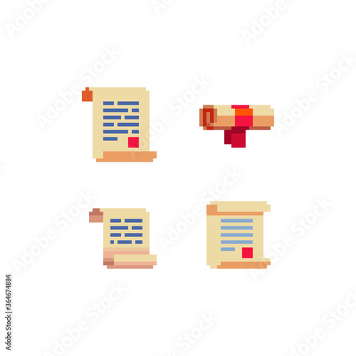 Pixel paper scroll icons set, scripts. Sticker design. Old school computer graphic style. Pixel art 8-bit. Isolated vector illustration.