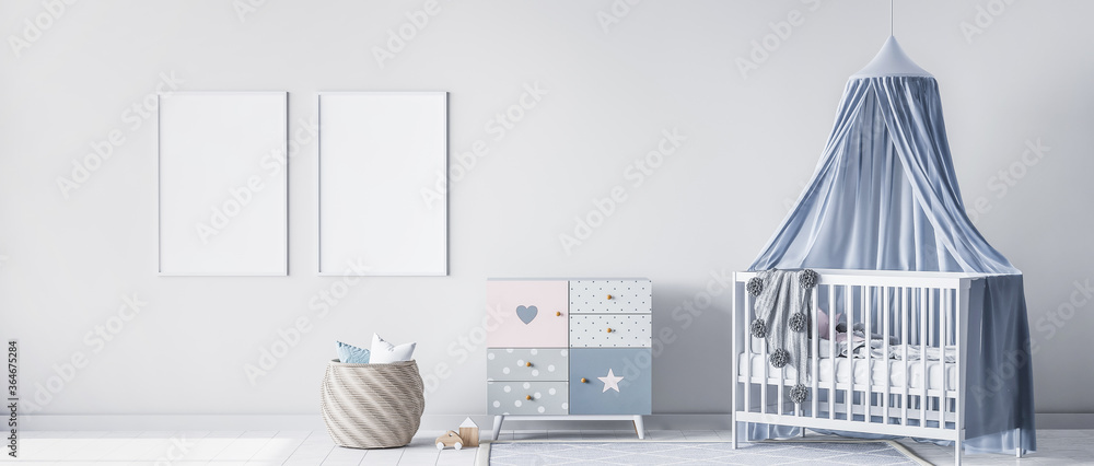 Mock up frame for bright nursery bedroom with white crib and rattan basket, panorama, 3d render - obrazy, fototapety, plakaty 