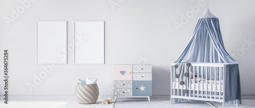 Mock up frame for bright nursery bedroom with white crib and rattan basket, panorama, 3d render photo