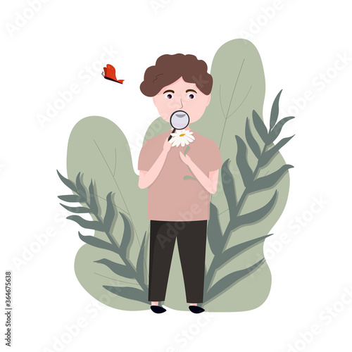 Little nature lover, explore with lens daisy chain, ecology lesson outside, curious boy  examining flower, cartoon style illustration