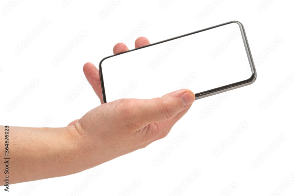 Smart phone in man hand isolated on white background. White screen. Smart phone in man hand isolated on white background. White screen.