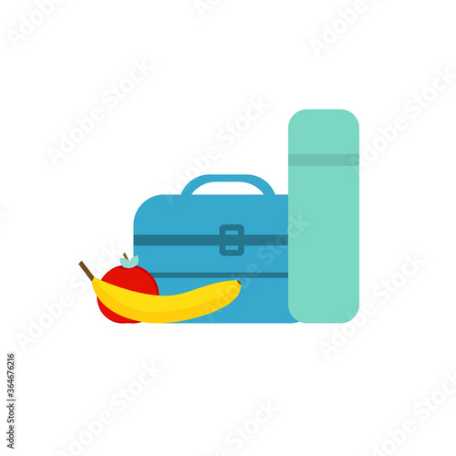Lunch break or lunch time vector illustration. Lunch box, banana and an apple in flat style. Kids lunch school on white background.