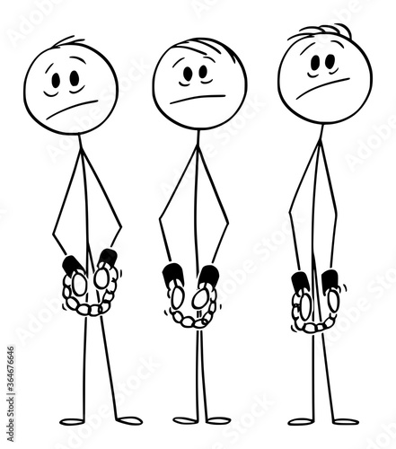 Vector cartoon stick figure drawing conceptual illustration of frustrated arrested men, gang or criminals, slaves or prisoners in chains or handcuffs or with shackles on hands.
