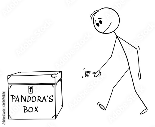 Foto Vector cartoon stick figure drawing conceptual illustration of man or businessman walking with key to open Pandora's box