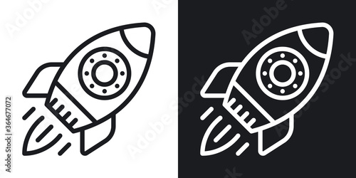 Startup or start-up launch icon. A rocket with a jet engine takes off from the cosmodrome. Simple two-tone vector illustration on black and white background