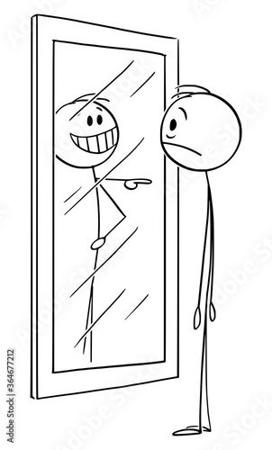 Vector cartoon stick figure drawing conceptual illustration of frustrated man with low confidence or self esteem looking at yourself in mirror, his reflection or image is laughing him.