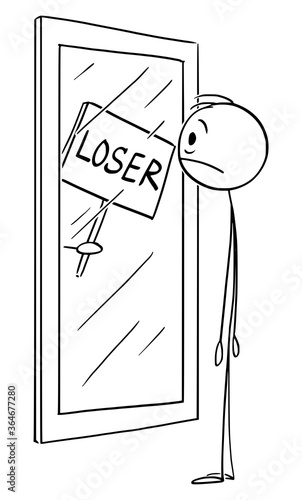 Vector cartoon stick figure drawing conceptual illustration of frustrated man with low confidence or self esteem looking at yourself in mirror with loser sign.