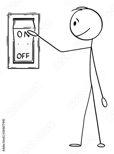 Vector cartoon stick figure drawing conceptual illustration of man or businessman ready to push or press the on off switch button.