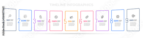 Business Infographic template. Thin line design with icons and 9 options or steps.