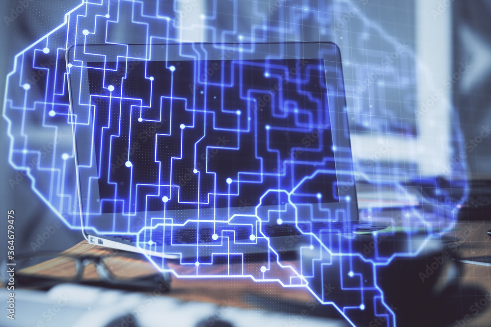 Double exposure of work table with computer and brain sketch hologram. Brainstorming concept. Double exposure of work table with computer and brain sketch hologram. Brainstorming concept.