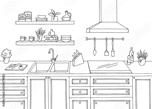 Kitchen room graphic black white home interior sketch illustration vector