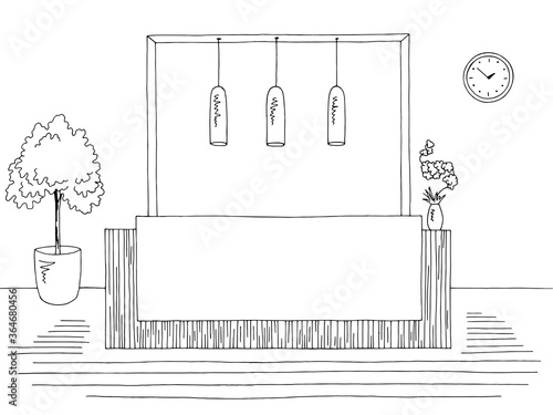Hotel reception lobby interior graphic black white sketch illustration vector