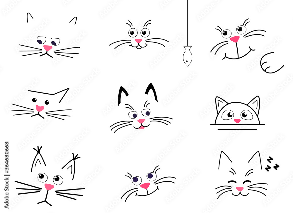 Fototapeta premium Set Faces of cute cats on a white background. happy, sad and thoughtful cats isolated. Vector cartoon Illustration in flat. For printing on cup, t-shirts