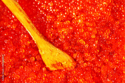 A lot of red caviar. Caviar on a wooden spoon. Trade in seafood. Gourmet products