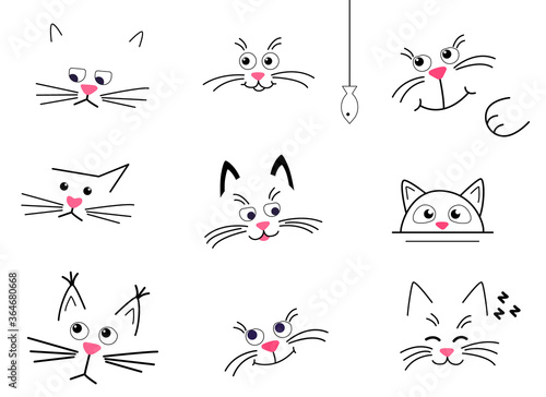 Set Faces of cute cats on a white background. happy, sad and thoughtful cats isolated. Vector cartoon Illustration in flat. For printing on cup, t-shirts