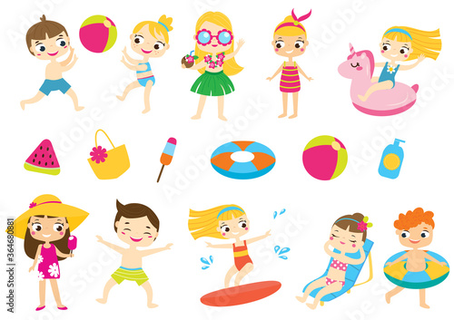 Children having summer holidays fun and outdoor beach activity. Kids enjoy seasonal vacation acitivity swim, play, tan, surf