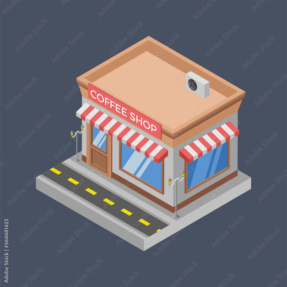 Graphic mall, Coffee shop building, Isometric 3D illustration. Graphic mall, Coffee shop building, Isometric 3D illustration.